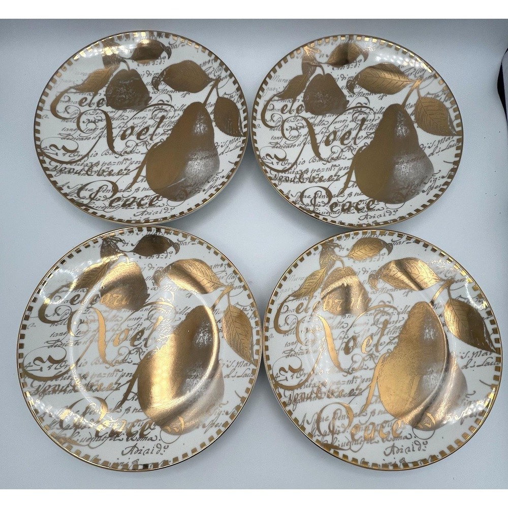 4 Restoration Hardware Golden Pear Christmas Holiday Dessert Plates 2004‎ EUC